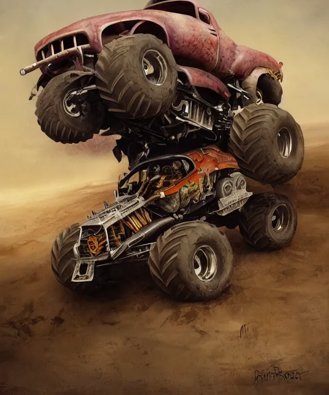 Image similar to danny trejo, cinematic, driving monster truck grave digger, elegant, highly detailed, digital painting, artstation, smooth, hard focus, illustration, art by jessica rossier and and brian froud