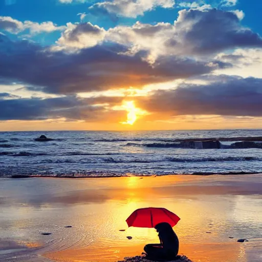 Prompt: frog sitting on the beach with an umbrella next to him, watching a beautiful sunrise, photograph