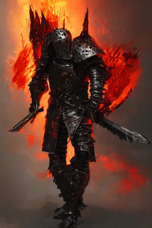 Prompt: a full body character design of an undead knight, flaming, burnt armor, flaming sword dark, high detail, gritty texture, Artstation, Ruan Jia, Craig Mullins