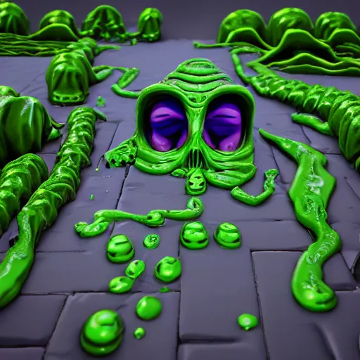 Image similar to slime lord king of the slime universe, skeleton, full body included, wide shot, 1 4 mm lens, f 2. 8, goopy, goop, fluids, soft tissue, subsurface scattering, reflections, ambient occlusion, raytracing, unreal engine 5, pixel art 8 - bit, by beeple