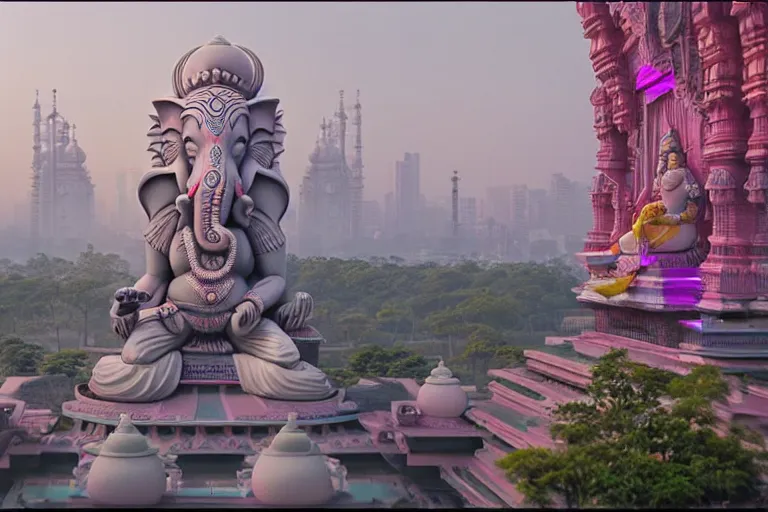 Image similar to beautiful futuristic new delhi, sci - fi ganesha!! building, kalighat flowers, octane highly detailed cinematic, stephen shore & john j. park, soft morning light, wide shot, aerial shot, uhd 8 k, shallow depth of field