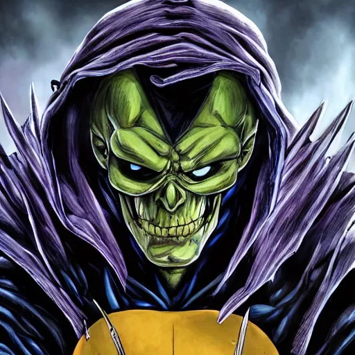 Image similar to ultra realistic portrait painting of skeletor as batman, art by akira toriyama, 4 k, dragon ball artstyle, cel shaded, highly detailed, epic lighting