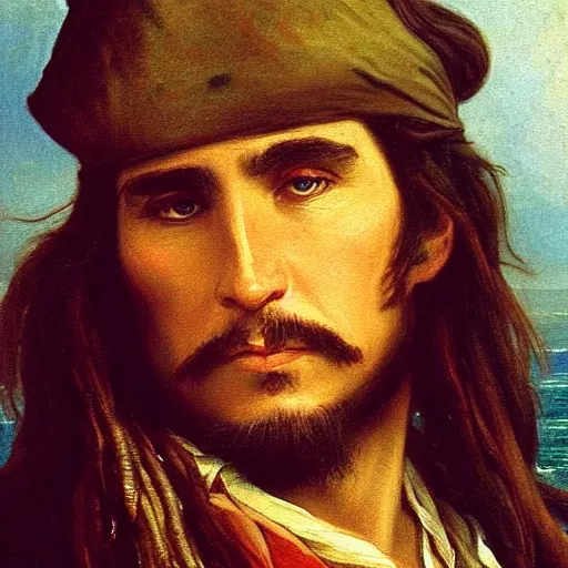 Image similar to Painting of Davy Jones from Pirates of the Caribbean. Art by William Adolphe b Bouguereau. During golden hour. Extremely detailed. Beautiful. 4K. Award winning.