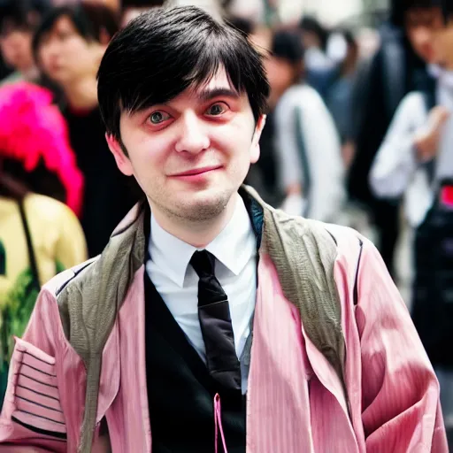 Image similar to a high resolution photo of martin shkreli at harajuku tokyo street fashion event, photo from vogue magazine