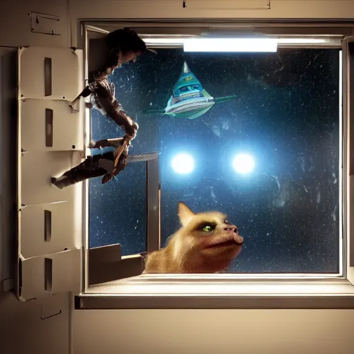 Prompt: hyperrealistic film still of ace ventura peeking through window, spacecraft in space, stunning 3 d render, inspired by istvan sandorfi & greg rutkowski & unreal engine, perfect facial symmetry, dim volumetric cinematic lighting, 8 k octane comprehensive render, extremely hyper - detailed, incredibly lifelike attributes, intricate, real flesh texture, masterpiece, artstation, stunning,