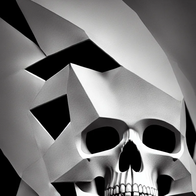 Image similar to black and white light 3D geometry, skull, matte bright highly detailed, poetic, 3D render, digital art, octane render, 8K artistic photography, photo-realistic, by Dora Maar