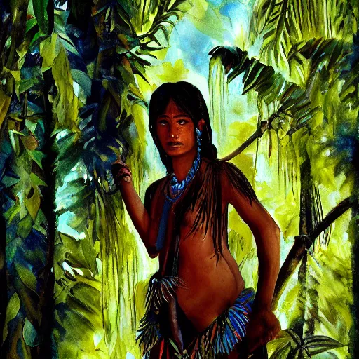 Image similar to painting of a native amazon forest girl. highly detailed, dramatic lighting, intense shadows, rich deep colours, by virginia vezzi