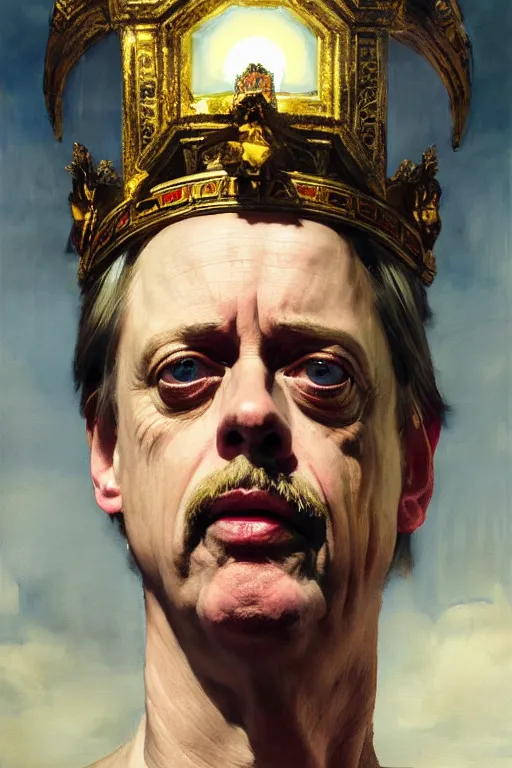 Image similar to beautiful oil painting portrait of ancient roman god emperor steve buscemi wearing the civic crown levitating and ascending religious pose, ascension, art by anders zorn, wonderful masterpiece by greg rutkowski, expressive brush strokes, beautiful cinematic light, american romanticism by greg manchess, jessica rossier