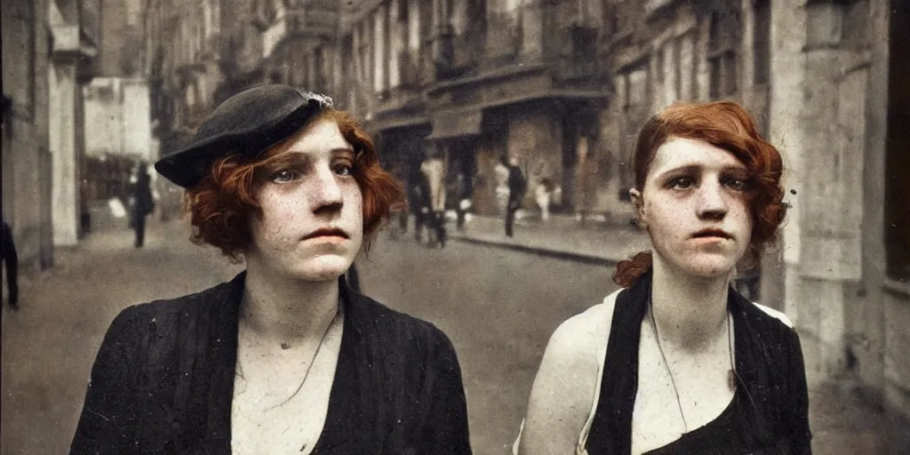 Image similar to a young woman with freckles looks deeply into the camera, 1920's london street, art nouveau, dark streets, grungy, style of Joel Meyerowitz, gustav klimpt, colour painterly