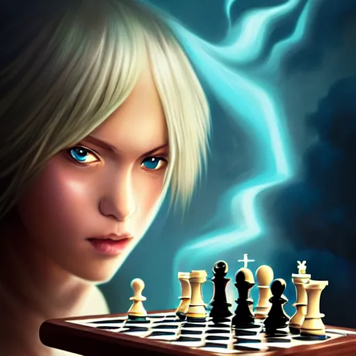 Prompt: rimuru tempest playing chess, with amber eyes of golden colored eyes, straight hair, sky blue hair, long bangs, high collar, concept art, award winning photography, digital painting, splash art, elegant, intricate, cinematic, wlop, 8 k, by ross tran, tom bagshaw, andy warhol