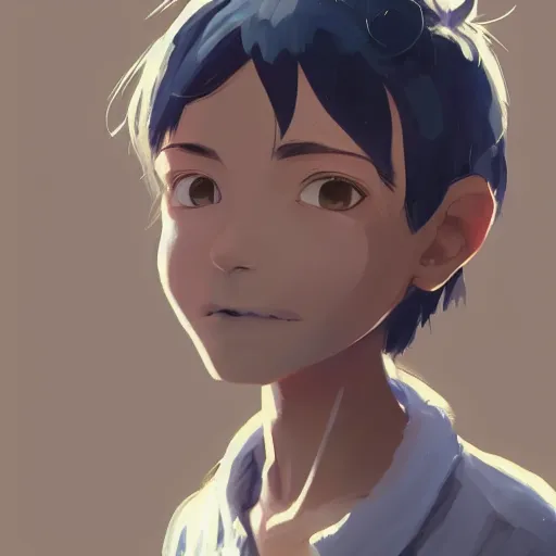 Image similar to a child with grey skin with blues and short brown hair and fire powers, highly detailed, digital painting, artstation, matte, by makoto shinkai, animation style