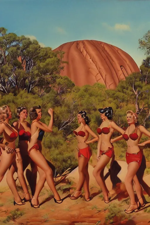 Image similar to 1940s group of pinup bikini girls walking around 1940s Ayers Rock, Uluru, in Australia, oil painting, by Gil Elvgren