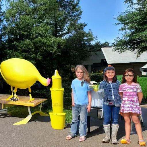 Image similar to a yellow human sized duck standing next to a children's lemonade stand