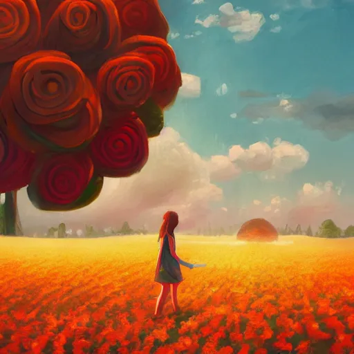 Image similar to giant rose as a head, girl walking in a flower field, surreal photography, sunrise dramatic light, impressionist painting, colorful clouds, digital painting, artstation, simon stalenhag