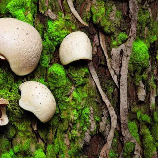 Prompt: a fractured skull with mushrooms growing through the cracks, mossy, in the forest