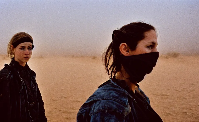 Image similar to cinestill 5 0 d photographic portrait by helen levitt of a white and mixed female android adult couple wearing rugged black techwear on a desolate plain of america, extreme closeup, modern cyberpunk, dust storm, 8 k, hd, high resolution, 3 5 mm, f / 3 2, ultra realistic faces, intricate detail, ex machina
