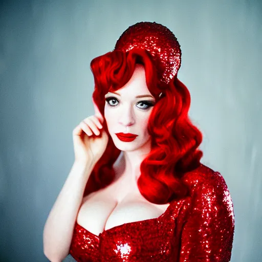 Prompt: film photography of captain christina hendricks as jessica rabbit, head and shoulders photography. red sequin ballgown dress. kodak ektar 4 0 0. canon f 1. 2.