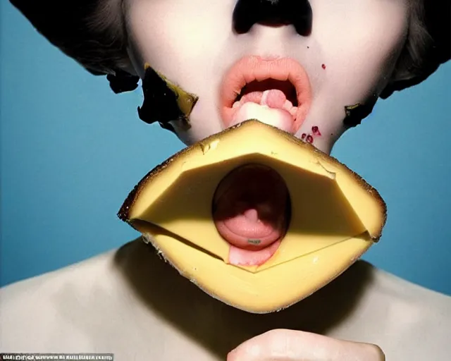 Image similar to incredible strange absurd closeup artwork of androids tasting cheese, finding it very weird but yet tasteful at the same time, weird tasting ritual of cheese products in the style of tim walker fashion photography