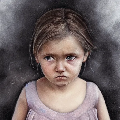 Image similar to detailed portrait of big - eyed nordic sweet little girl looking sad in front of burning house, artistic 4 k, trending on artstation, masterpiece