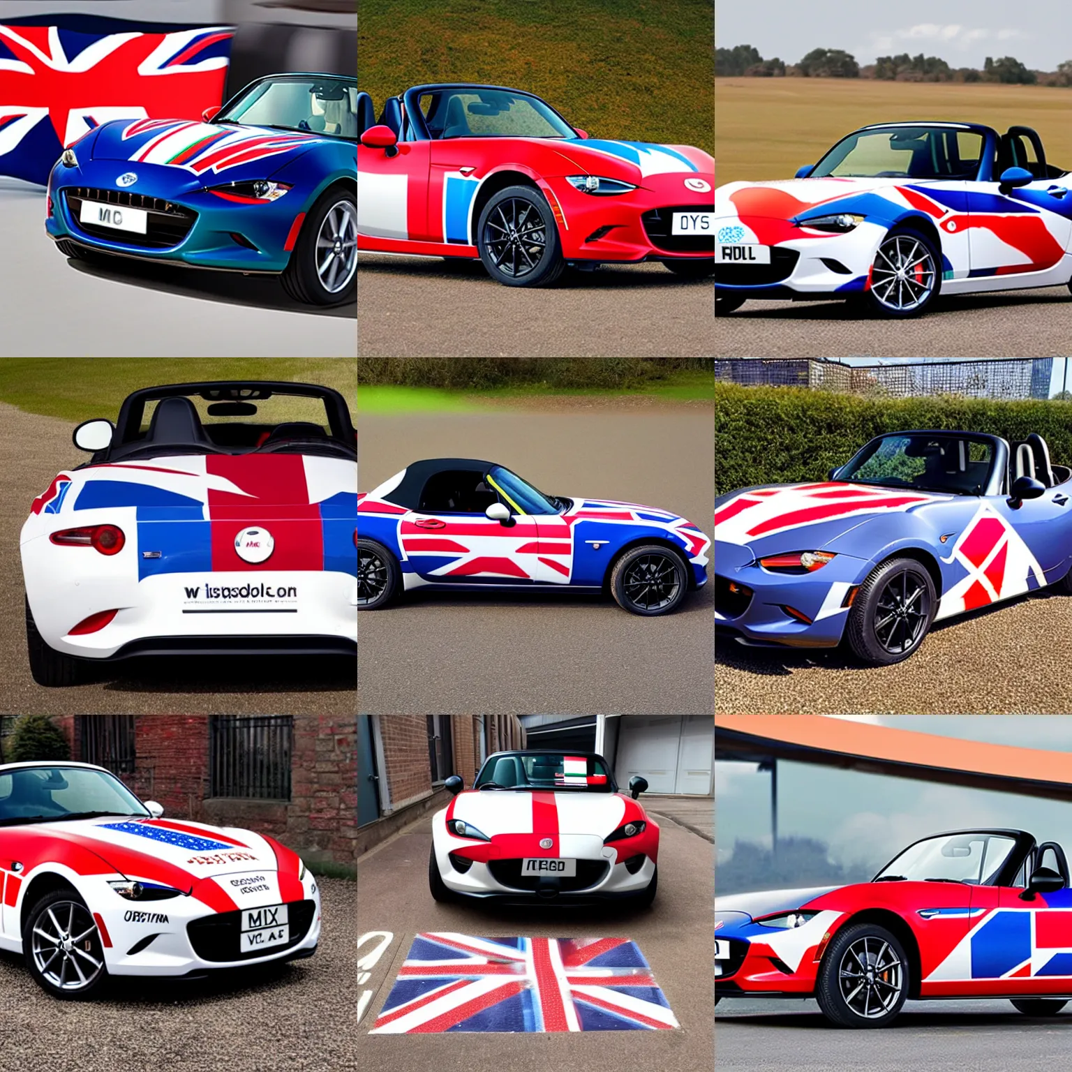 Prompt: An mx5 car with union jack livery
