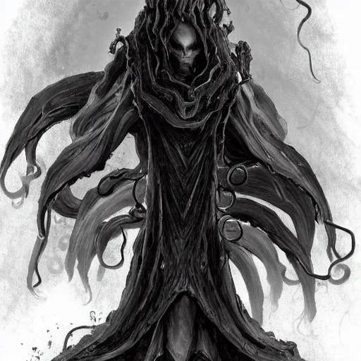 Prompt: concept designs for an end game boss that is an ethereal obsidian ghostly wraith like figure with a squid like parasite latched onto its head and long tentacle arms that flow lazily but gracefully at its sides like a cloak and chains rattling at its sides while it floats around a frozen rocky tundra in the snow searching for lost souls and that hides amongst the shadows in the trees, this character has hydrokinesis and electrokinesis for silent hill video game and inspired by the resident evil game franchise