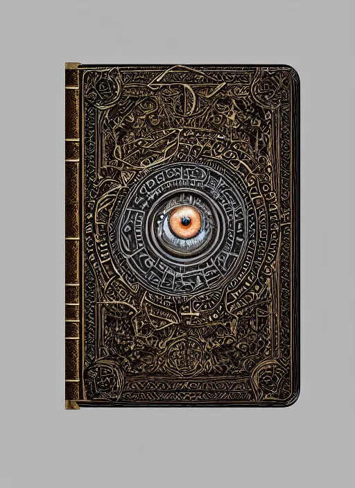 Image similar to an ancient ornate intricate old tome spell book with the sigil symbol of an eye emblazoned on the cover, cinematic, realistic, intricate detail, finely detailed, small details, extra detail, photorealistic, high resolution, 3D, PBR, path tracing, volumetric lighting, octane render, arnold render, 8k