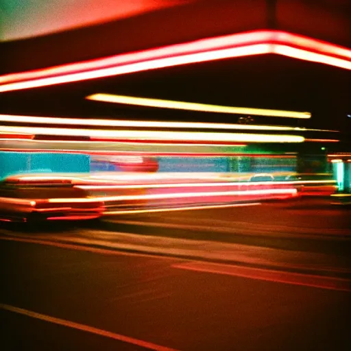 Image similar to portra 800 street photography, the subject is blurry because it's in motion, film portra photography neon signs