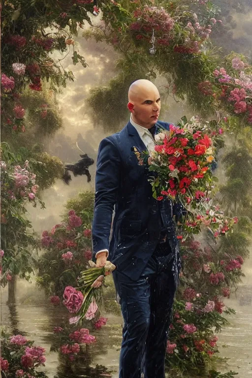 Prompt: portrait pitbull mr. worldwide holding a bouquet of flowing flowers, drenched body, wet dripping, hands hidden under the bouquet, emerging from the water, fantasy, regal, intricate, by stanley artgerm lau, greg rutkowski, thomas kindkade, alphonse mucha, loish, norman rockwell