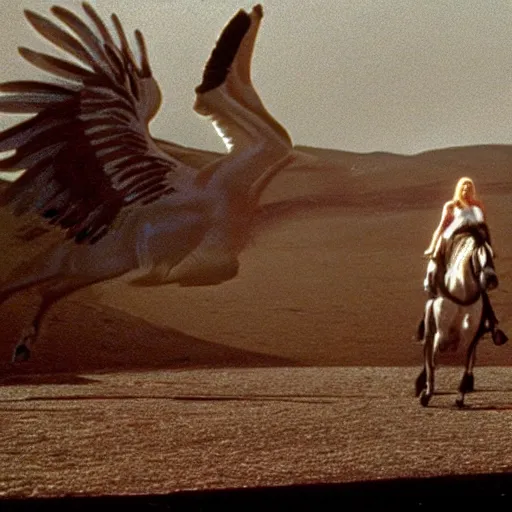 Image similar to movie still of pegasus flying, cinematic composition, cinematic light, criterion collection, by david lynch