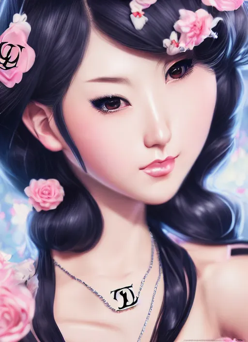 Image similar to a pin up and beautiful fashion dreamlke japan girl with lv jewelry, character art, art by artgerm, wlop, loish, hyperdetailed, 8 k realistic, symmetrical, global illumination, radiant light, frostbite 3 engine, cryengine, dof, trending on artstation, digital art, chanel, dior, detailed background