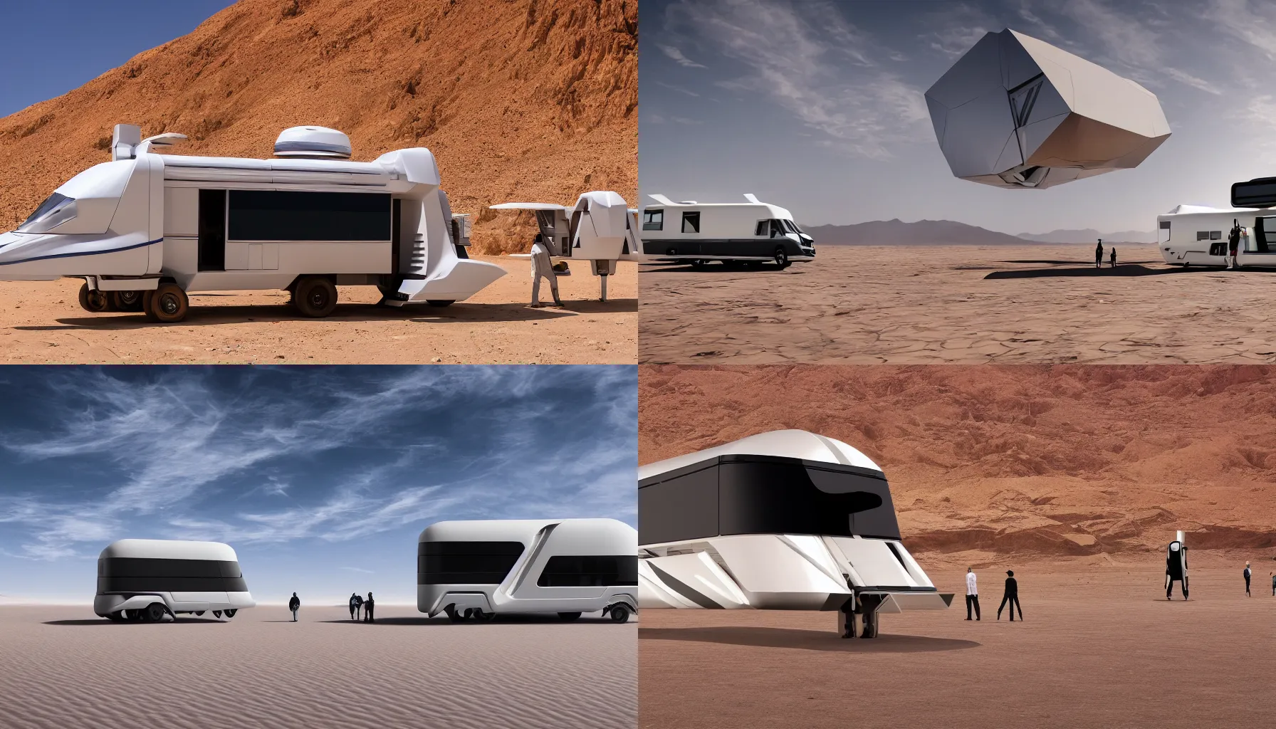 Prompt: professional photograph of a beautiful futuristic Winnebago on stilts designed by Buckminster Fuller and Zaha Hadid in a picturesque alien desert. Astronauts are standing nearby, racking focus, extreme panoramic, Dynamic Range, HDR, chromatic aberration, Orton effect intricate, elegant, highly detailed, artstation, sharp focus