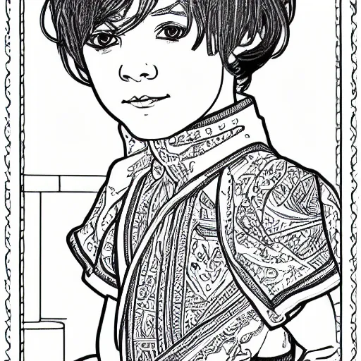 Image similar to clean simple line art of a little boy with short hair. no background. well composed, clean coloring book page, beautiful detailed face. coloring book line art by greg rutkowski and johanna basford and alphonse mucha