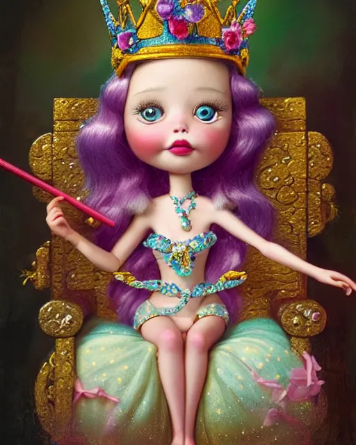 Prompt: closeup profile portrait of a tin toy fairytale princess wearing a crown and sitting on a throne, bikini, hyper realistic, artstation, illustration, concept art by nicoletta ceccoli, mark ryden, lostfish, dan decarlo, bob clampett, max fleischer, digital paint, matte paint, vivid colors, bright, cheerful, detailed and intricate environment