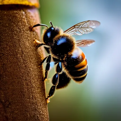 Prompt: a bee looking straight in to the camera, symmetrical, macro photography, ambient light, perfect focus