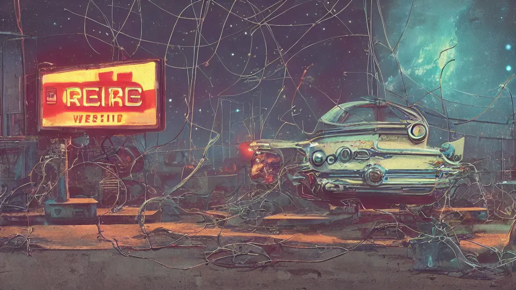 Image similar to A 1960s robot! on couch in front of a rusted! gas station. The stars! of the Milky Way shine above a broken neon sign, ground is cracked with vines fantasy concept art by Greg Rutkowski