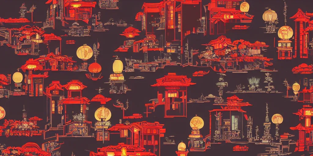 Image similar to neo tokyo in the style of studio ghibli, night, traditional red china lamps, high contrast, ghibli