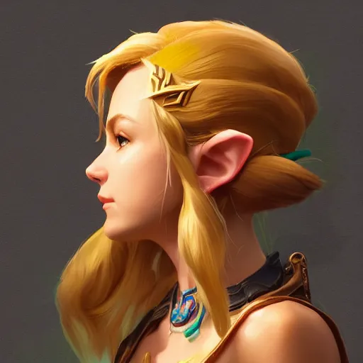 Image similar to portrait of zelda, full view, popular on artstation, artstationhd, artstationhq 8 k, volumetric lighting, super focused, no blur, trending on artstation, ultra detailed, by artgerm and james gurney, greg rutkowski