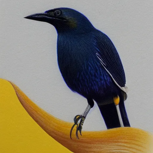 Prompt: a colored pencil drawing of a cap glossy starling with a yellow eye by natalia rojas and ana maria martinez jaramillo, pastel color, gradient black and blue plumage, wingspan, highly detailed, realistic graphite, artstation, 4 k, realism, photorealism, fine art