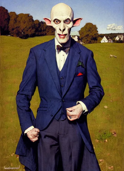 Prompt: upper body portrait of blue-faced nosferatu in a suit, english countryside in the background, sunny day, by norman rockwell and frank schoonover, photoreal, character concept art, artstation