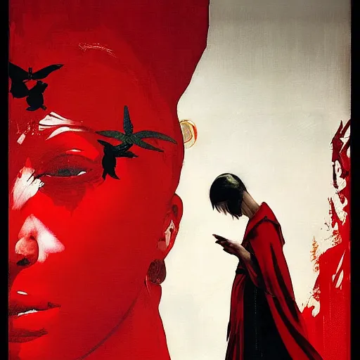 Image similar to portrait of a daydreaming melancholic latin woman in red monk habit being progressively rasterized into pixels from another world, she is surrounded by digital birds, oil on canvas game poster by yoji shinkawa, esao andrews, dave mckean and stina persson