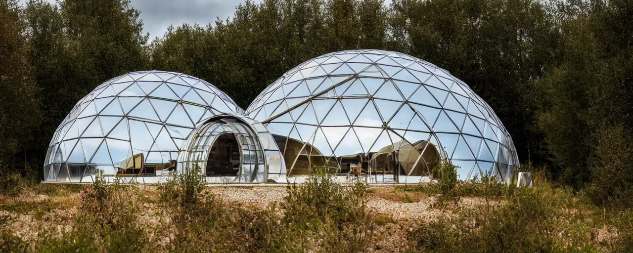 Prompt: dome house by kristoffer tejlgaard, concept house, earthship, greenhouse, optimus sun orientation, north hemisphere, spain, geodesic architecture, biodome, fuller