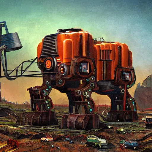 Image similar to giant scary quadrupedal mining machine, four legs, highly detailed body, retro, industrial, in the style of simon stalenhag