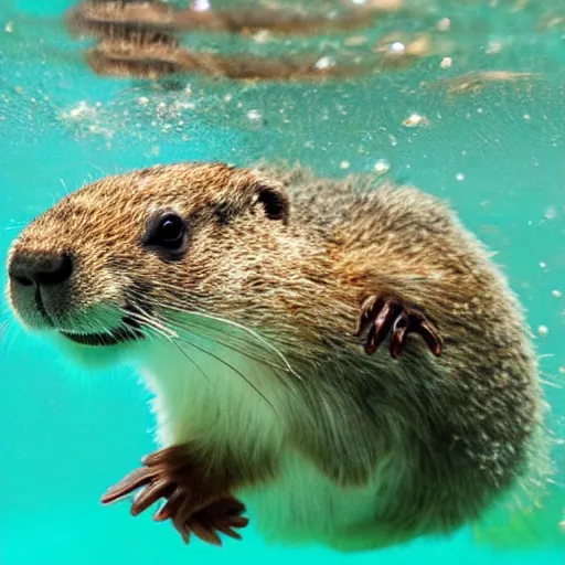 Image similar to a groundhog diving, realistic, underwater bubbles