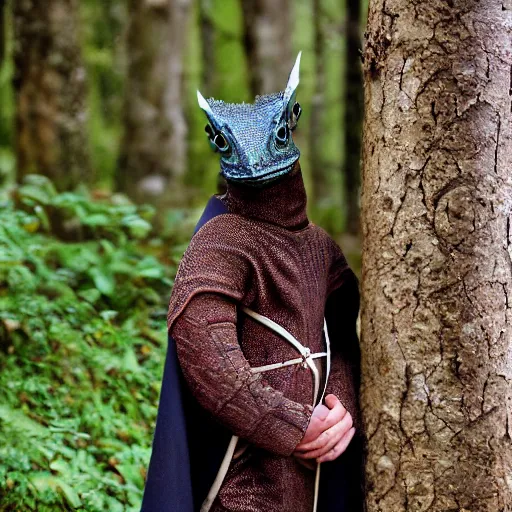 Image similar to medieval cloak wearing anthro lizard, photograph captured in the woods