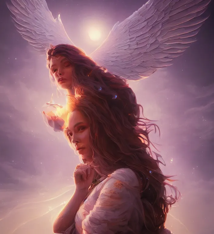 Image similar to centered waist up portrait photography an angel + bokeh + DOF + 8k, photorealistic + rendered in unreal engine + colors and composition by Peter Mohrbacher + line work by Dan Mumford , ultra realistic + backlit