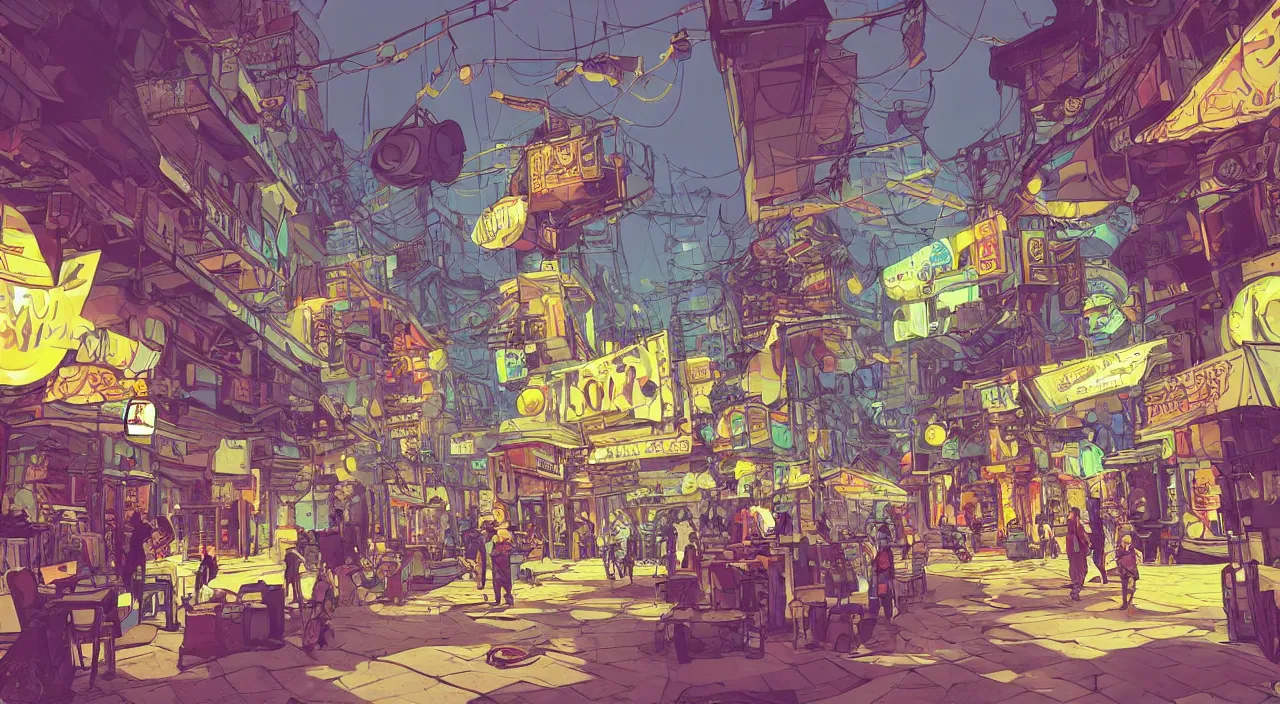 Image similar to bazaar zouk oriantal full color sky shine place mosquet painting stylized cutout vector digital illustration video game icon global illumination ray tracing that looks like it is from borderlands and by feng zhu and loish and laurie greasley, victo ngai, andreas rocha, john harris