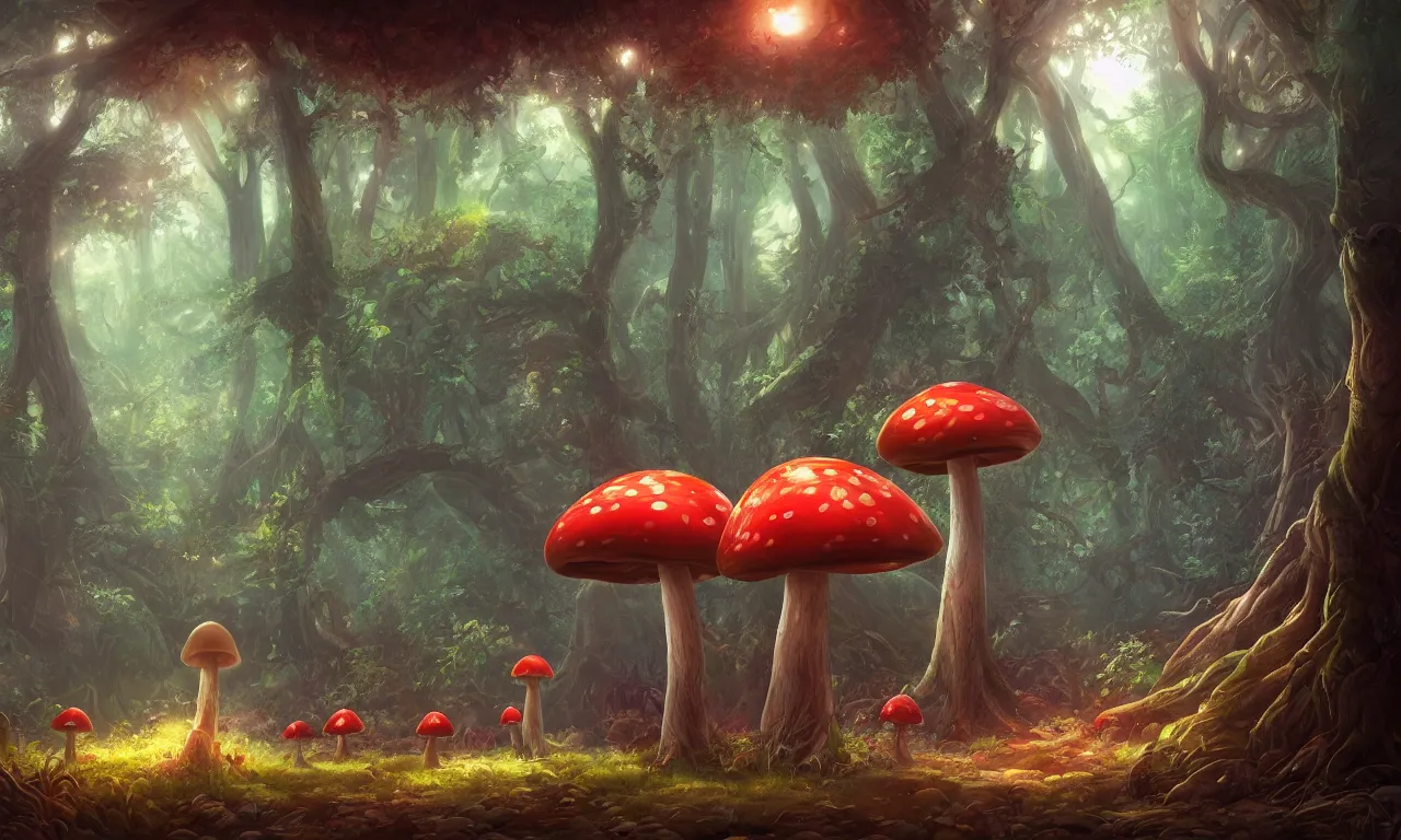 Prompt: Fabulous magic mushroom in the forest, trending on artstation, 30mm, by Noah Bradley