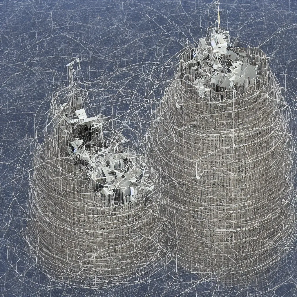 Image similar to An aerial view of the tower of babel of the datacenter, ethernet cables, smoke and machine to terraform the Earth after destruction