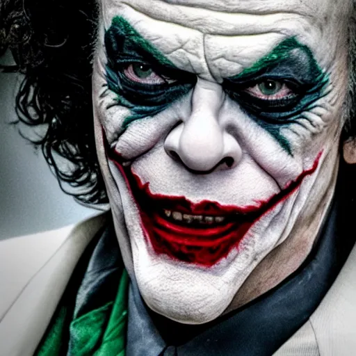 Image similar to stunning awe inspiring tim curry as the joker movie still 8 k hdr atmospheric lighting