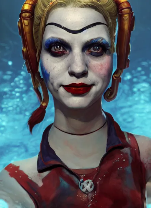 Image similar to underwater bioshock portrait of harley quinn, au naturel, hyper detailed, digital art, trending in artstation, cinematic lighting, studio quality, smooth render, unreal engine 5 rendered, octane rendered, art style by klimt and nixeu and ian sprigger and wlop and krenz cushart